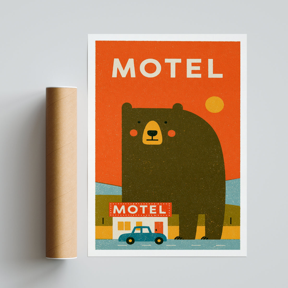 Retro Bear Motel Poster, Vintage Road Trip Wall Art, Funny Bear Print, Orange Quirky