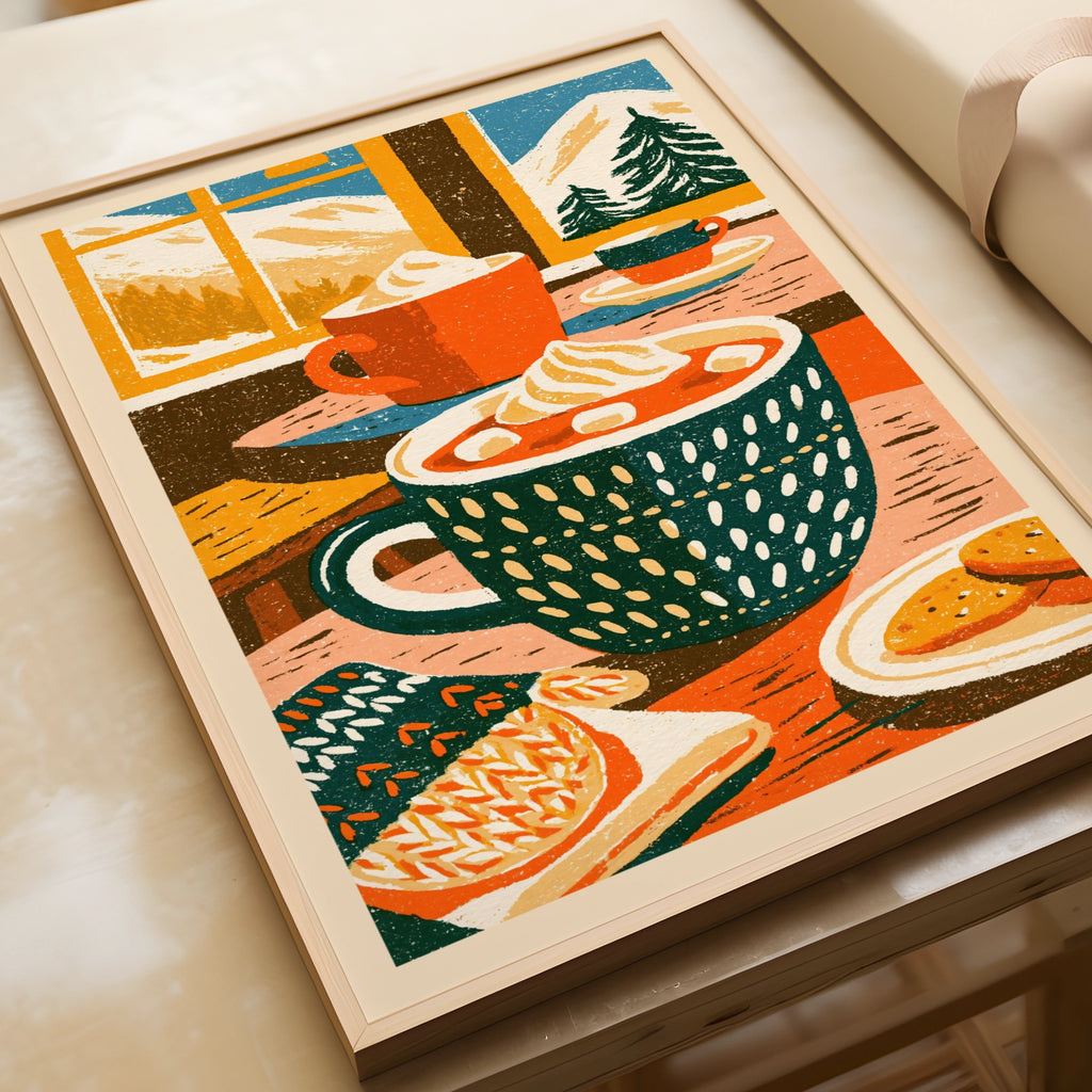 Vintage Food Poster Print, Hot Chocolate Mug, Rustic Kitchen Decor, Retro Mid Century Risograph Art