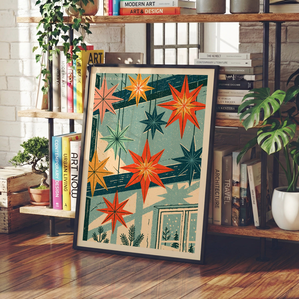 Winter Lights Retro Star Poster, Vintage Christmas Wall Art, Festive Holiday Print
