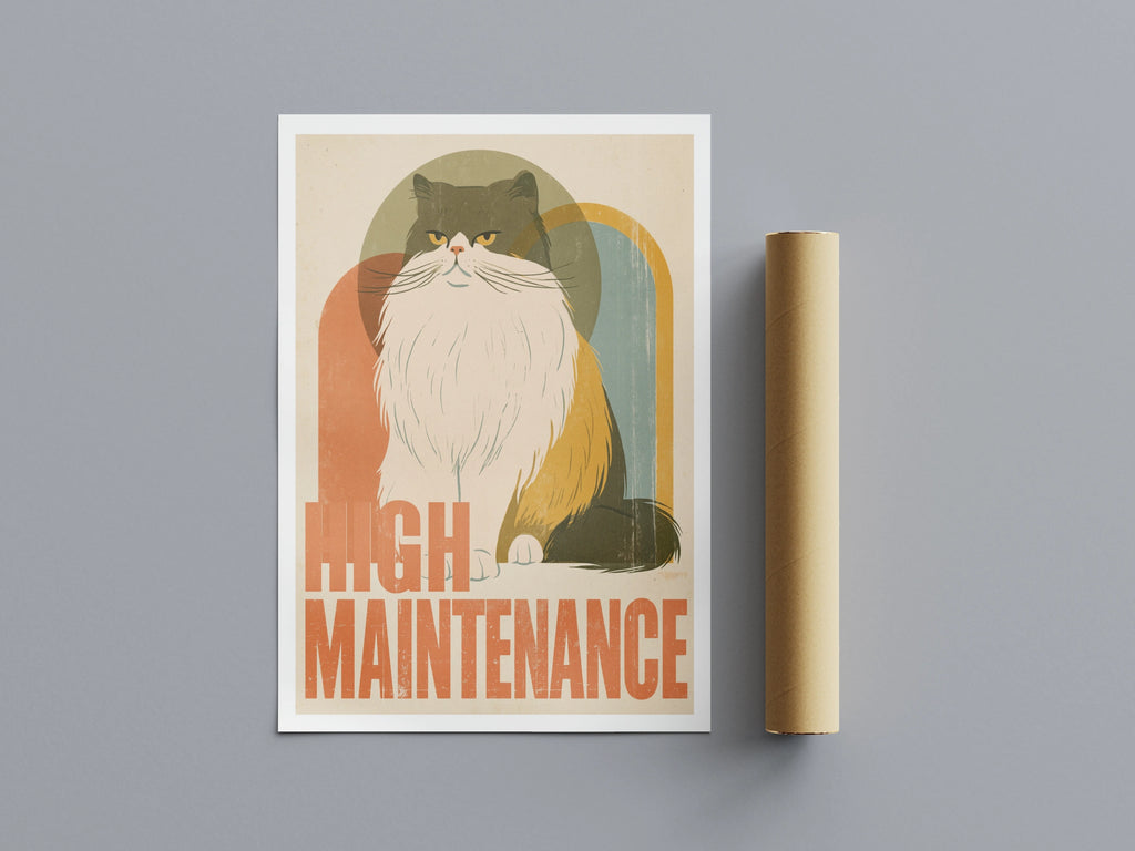 High Maintenance Persian Cat Retro Print, Funny Cat Wall Art, Vintage Style Cat Lover Gift