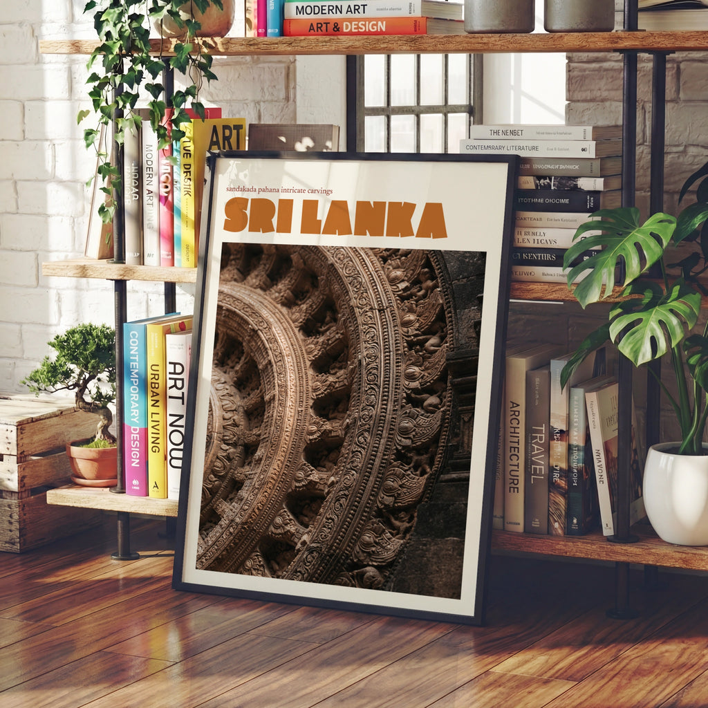 Sri Lanka Retro Travel Poster, Sandakada Pahana Stone Carving, Temple Wall Art Print