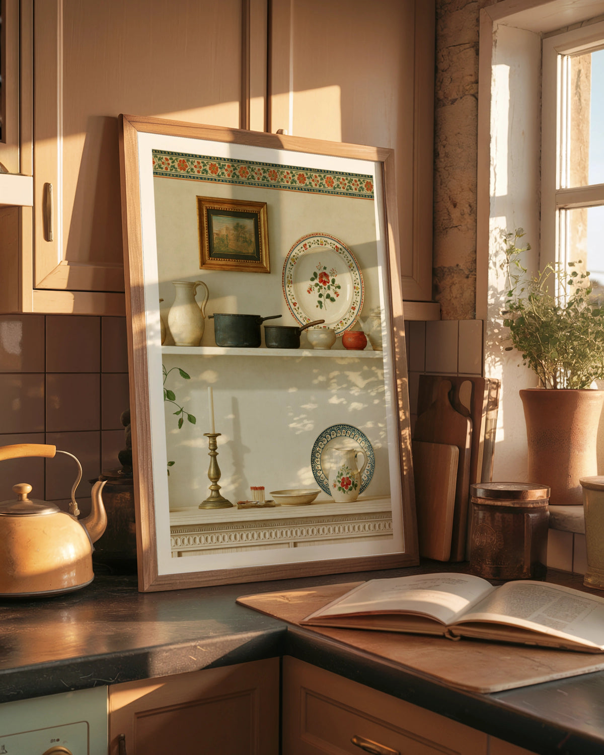 Vintage Kitchen Shelf Print, Classic Inspired Farmhouse Pottery Wall Art Poster