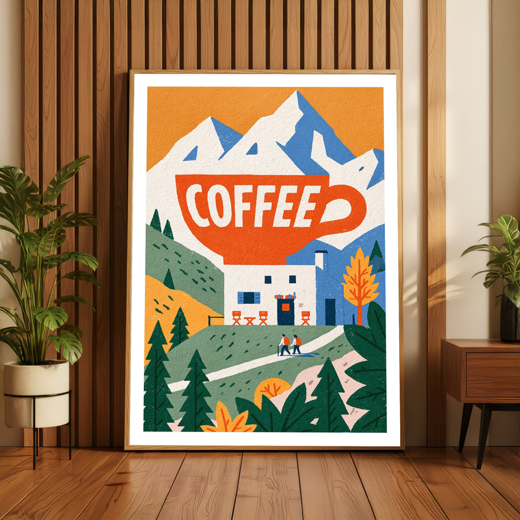 Vintage Food Poster Print, Coffee Alpine Mountain Hut Art, Rustic Kitchen Decor, Retro Mid Century