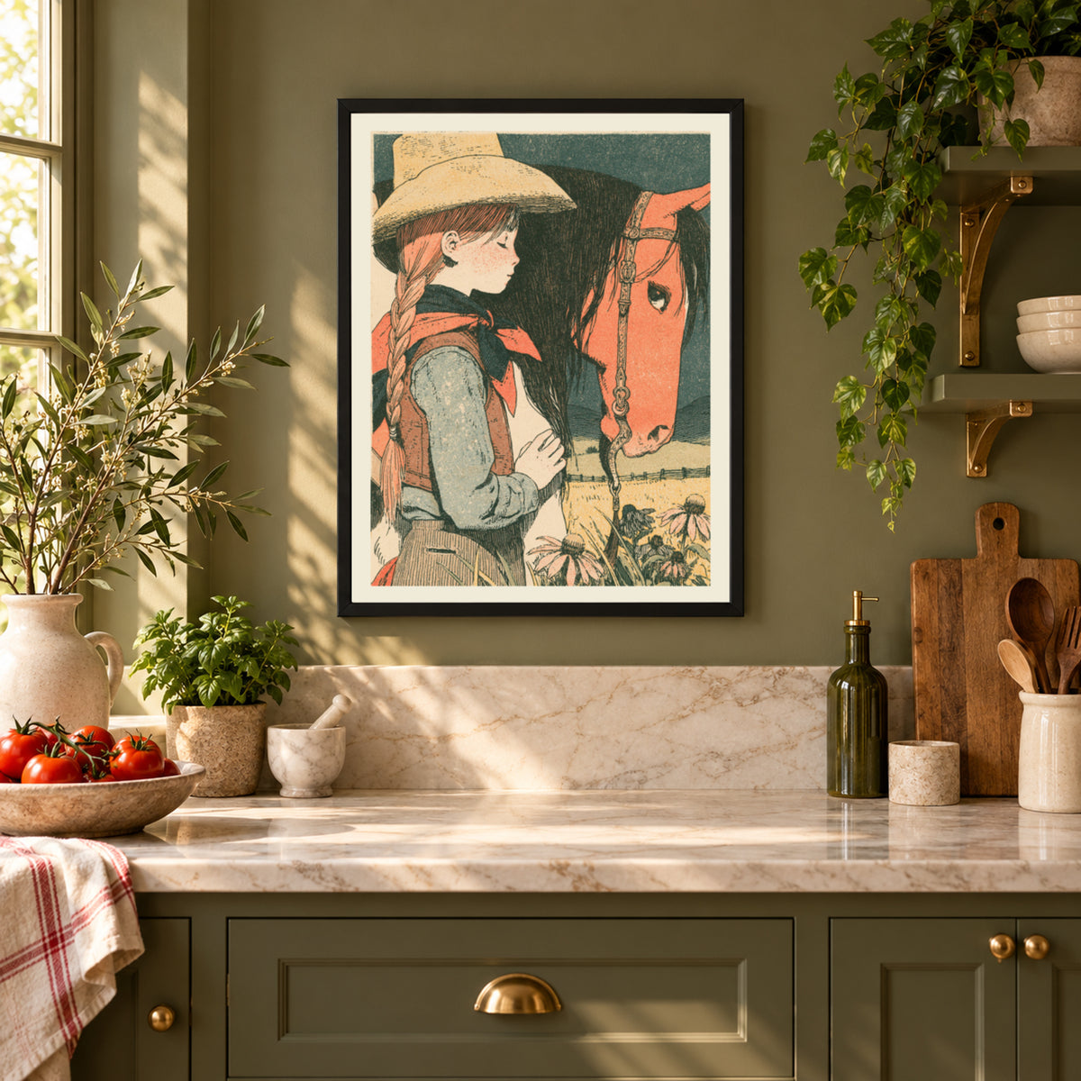 Cowgirl and Horse Vintage Print, Western Wall Art, Coneflower Meadow Poster, Ranch Nursery Decor