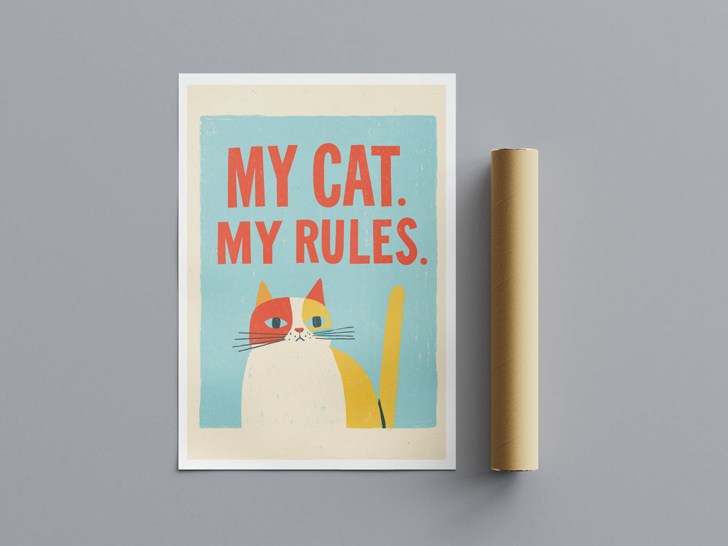 My Cat My Rules Print, Retro Cat Wall Art, Funny Cat Gift, Folk Style Cat Lovers Art