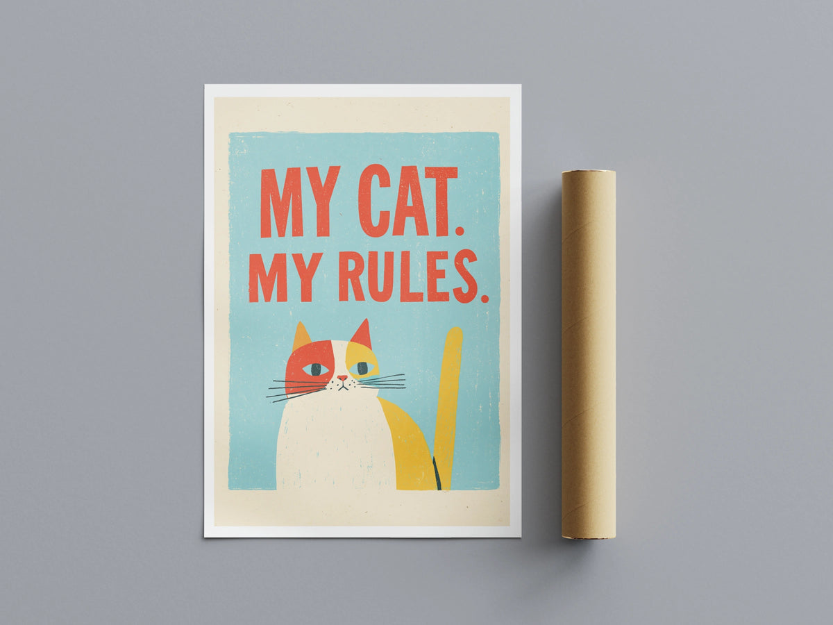 My Cat My Rules Print, Retro Cat Wall Art, Funny Cat Gift, Folk Style Cat Lovers Art