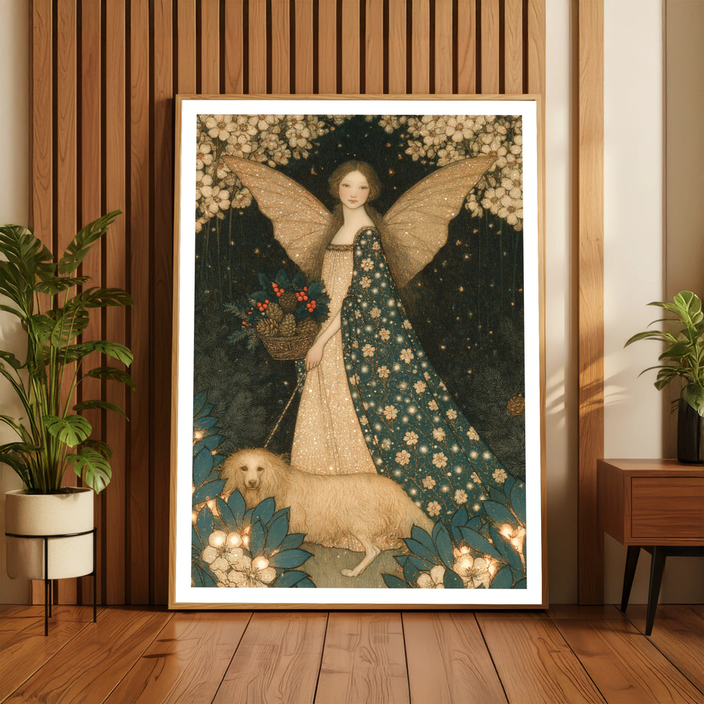 Winter Fairy Print, Christmas Angel Poster, Vintage Folk Art, Teal Gold Festive Wall Art
