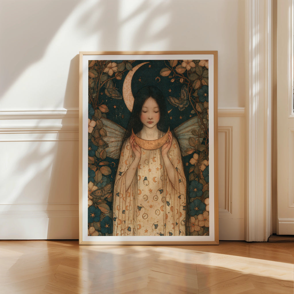 Moon Fairy Art Print, Celestial Fairy Girl Poster, Vintage Folk Wall Art, Floral Botanical