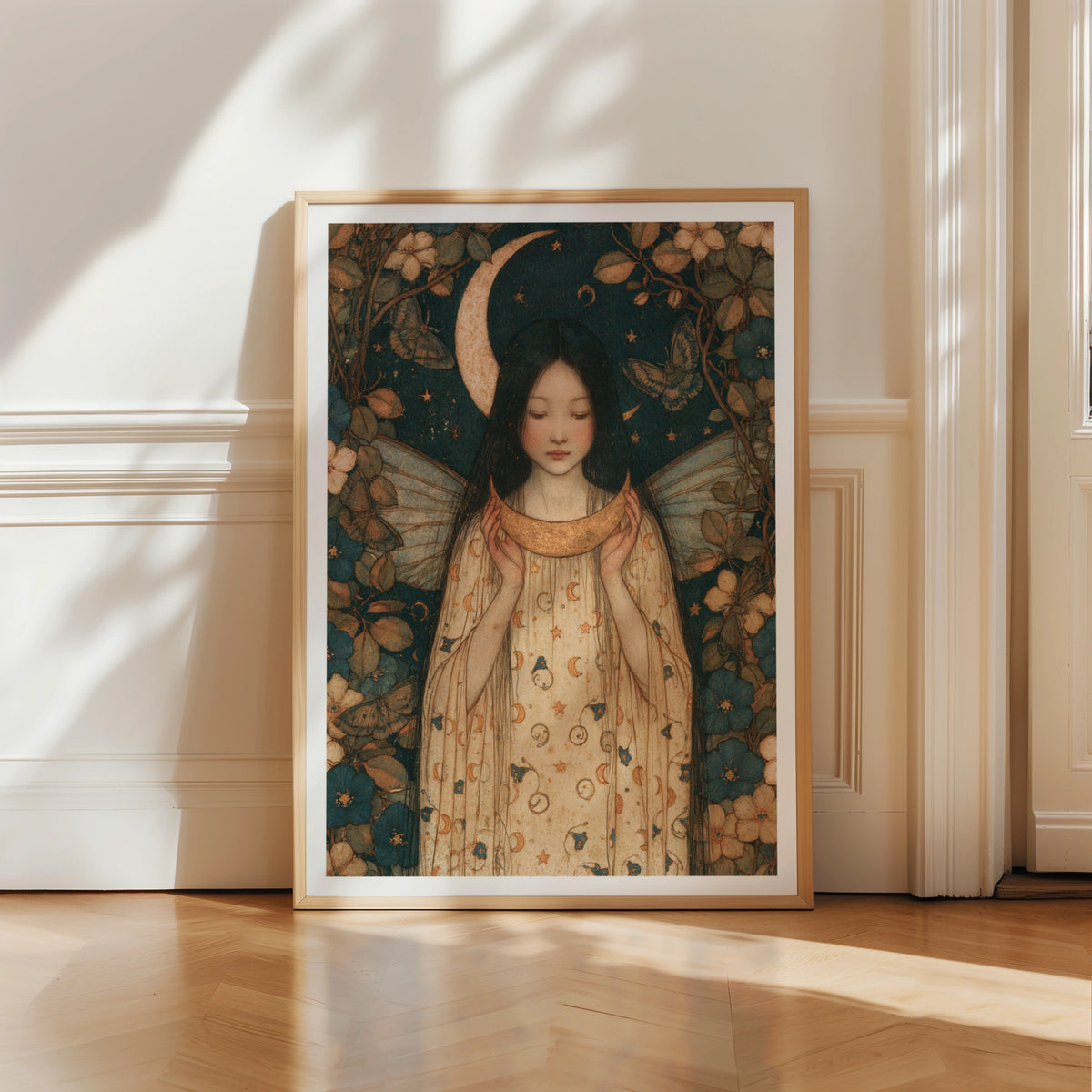 Moon Fairy Art Print, Celestial Fairy Girl Poster, Vintage Folk Wall Art, Floral Botanical