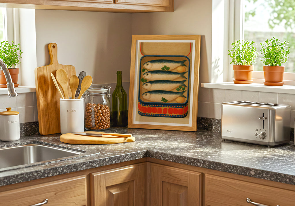 Vintage kitchen art / retro food art / tinned fish art / Mediterranean kitchen art / coastal kitchen art