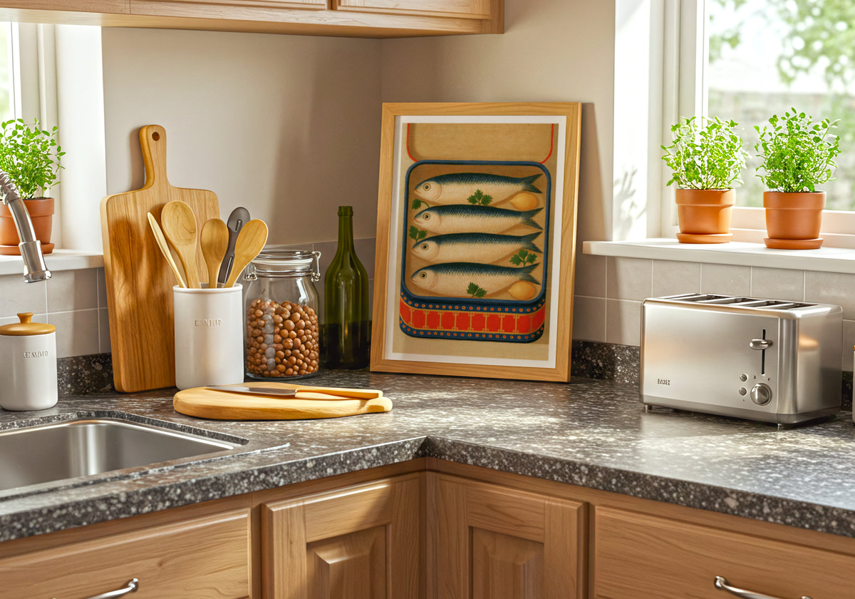 Vintage kitchen art / retro food art / tinned fish art / Mediterranean kitchen art / coastal kitchen art