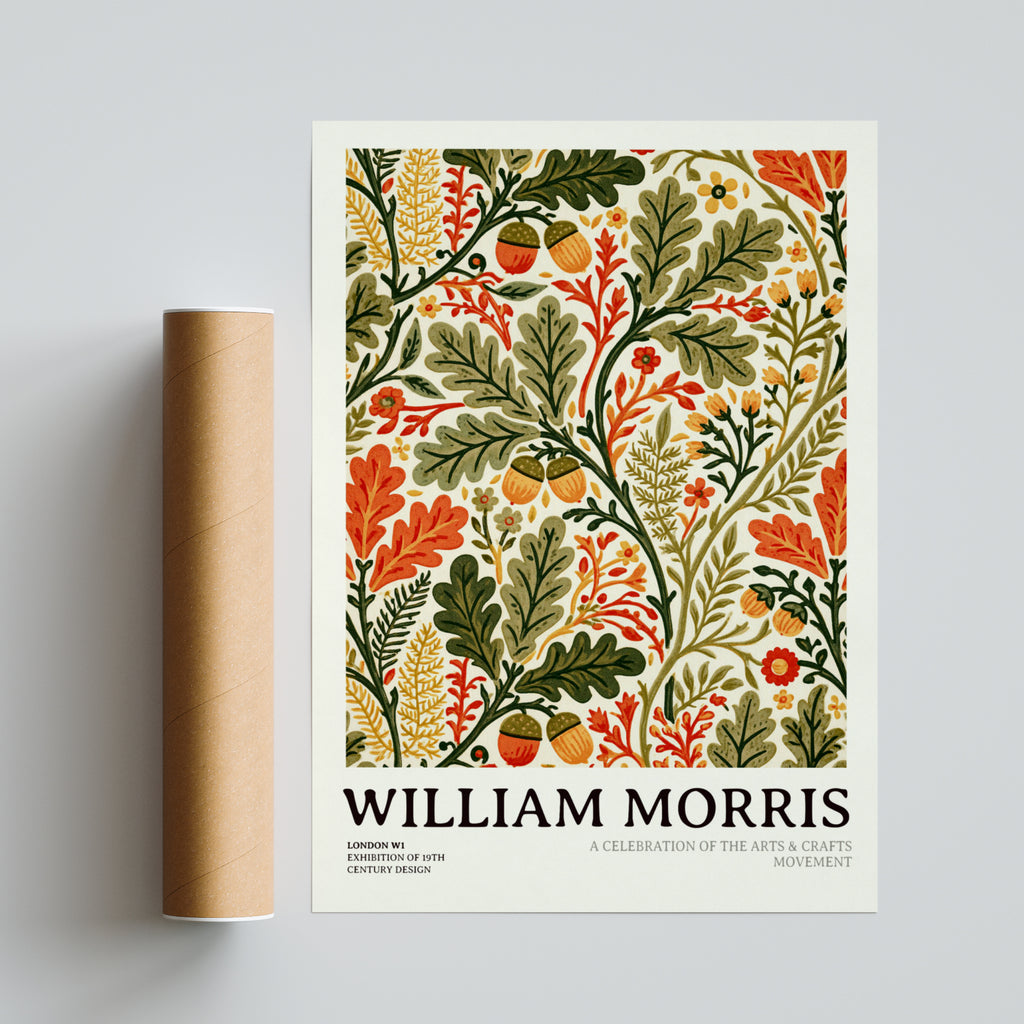 William Morris Oak Leaf Acorn Print, Arts and Crafts Exhibition, Floral Botanical Poster