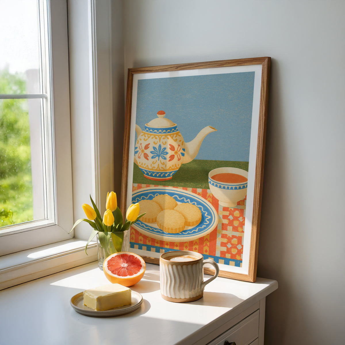 Vintage Food Poster Print, Teapot Biscuits Art, Rustic Kitchen Decor, Retro Mid Century Risograph