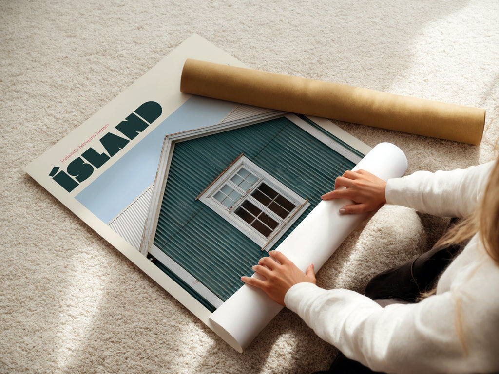 Iceland Travel Poster, Island Retro Print, Corrugated Iron Home, Teal Nordic Wall Art