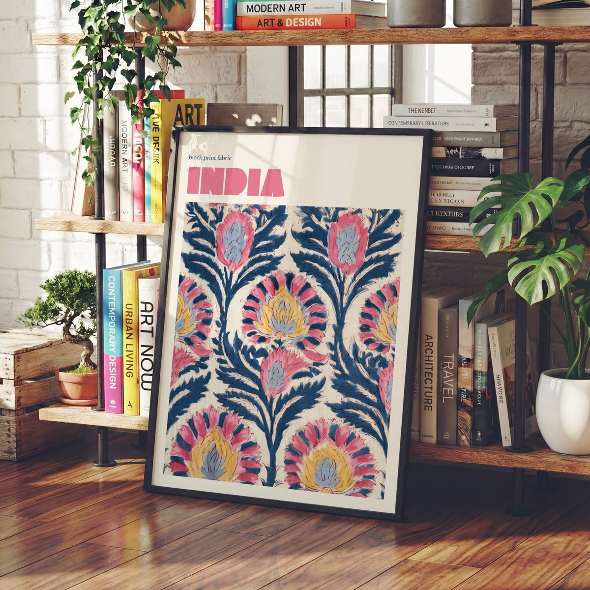 India Block Print Fabric Contemporary Travel Art, Floral Wall Art Print, Pink Blue