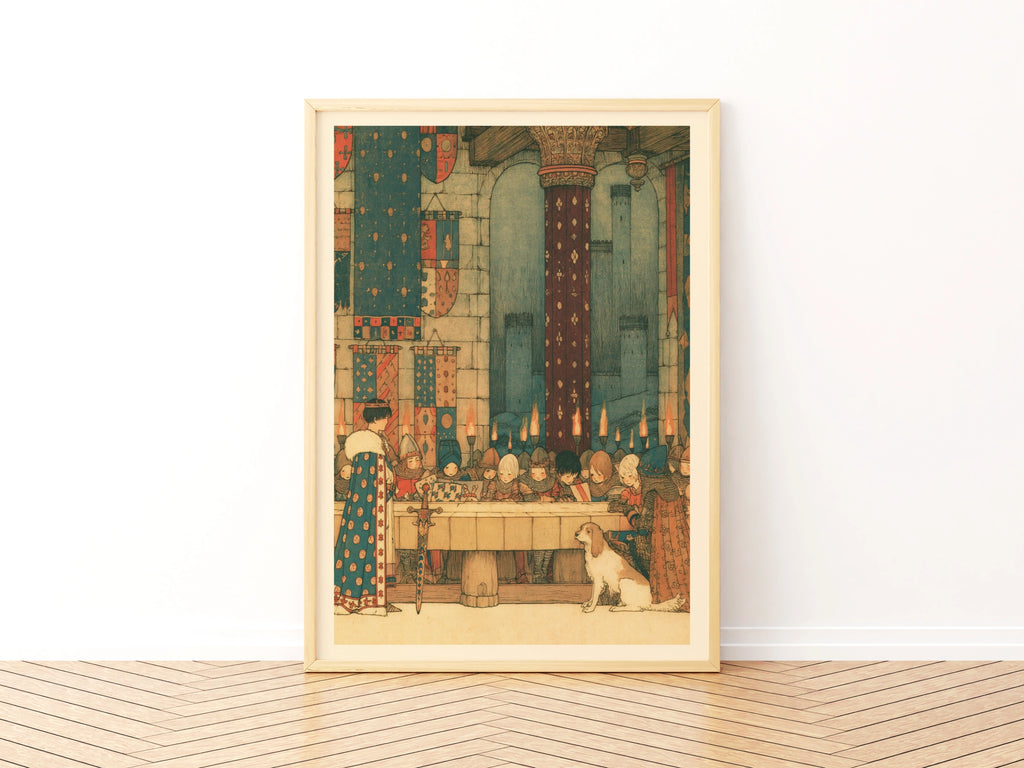 King Arthur and Roundtable Medieval Castle Kids Print, Knights Banquet Wall Art, Children's Collectable Poster