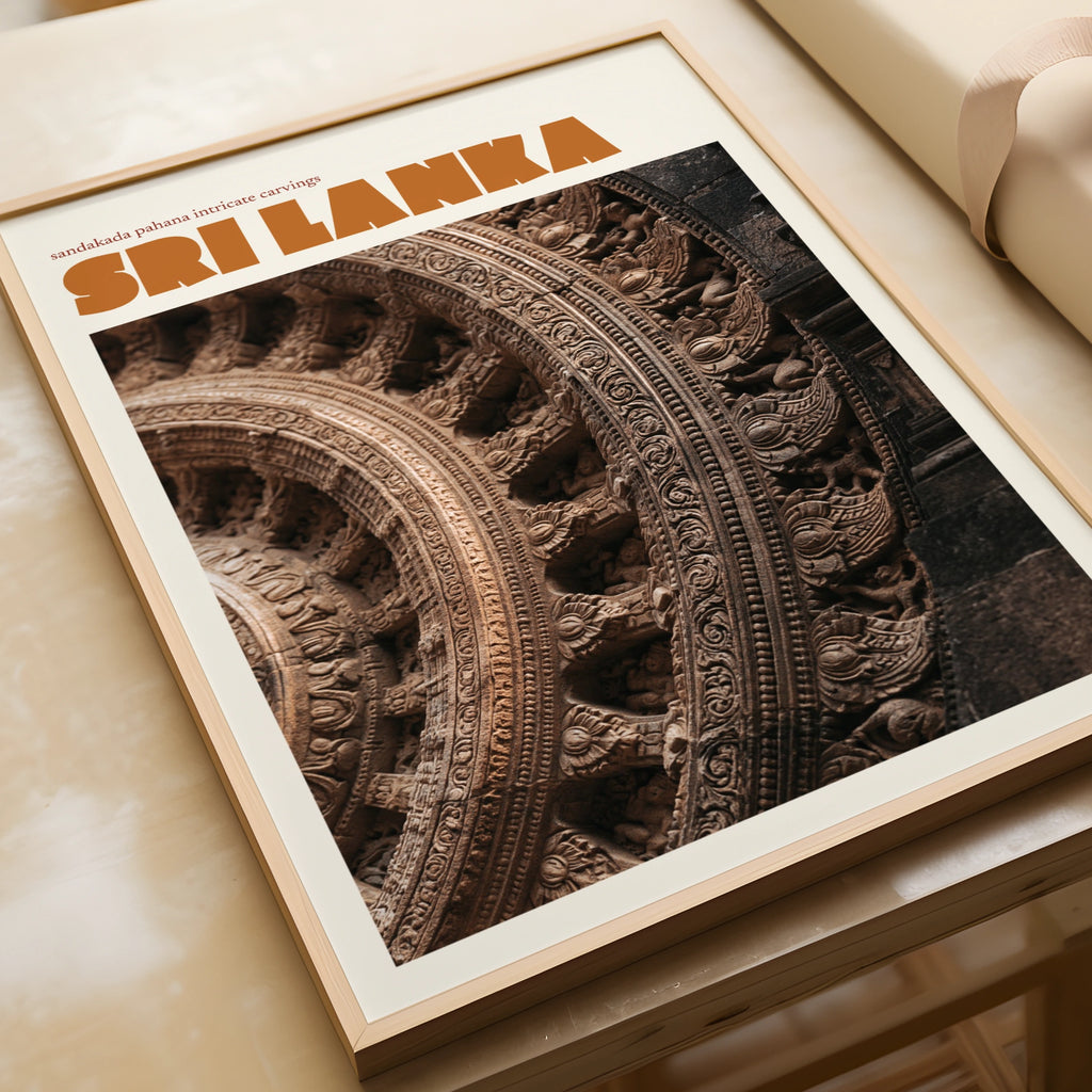 Sri Lanka Retro Travel Poster, Sandakada Pahana Stone Carving, Temple Wall Art Print