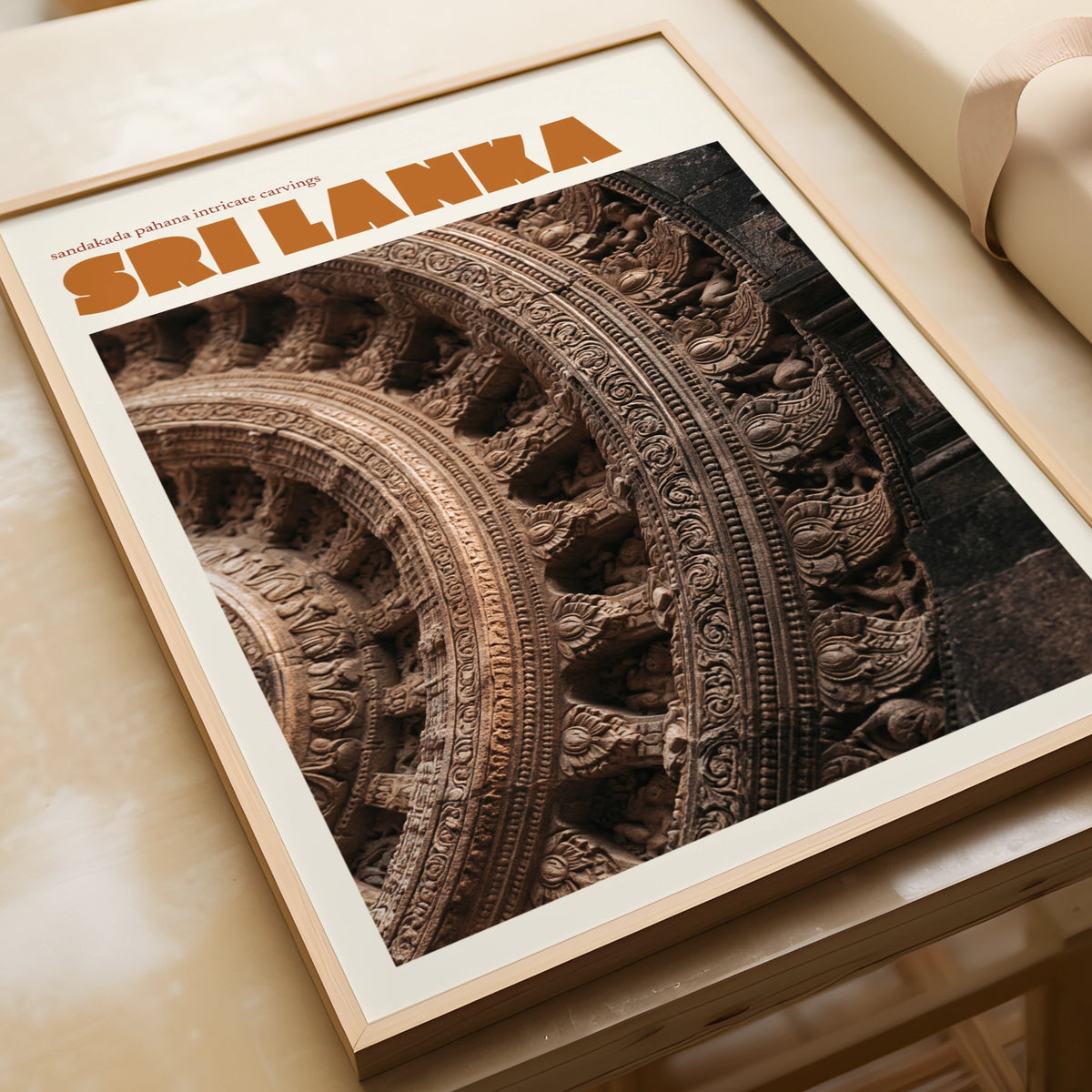 Sri Lanka Retro Travel Poster, Sandakada Pahana Stone Carving, Temple Wall Art Print