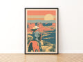 Retro Desert Canyon Sunset Print, Vintage Travel Poster, Cowgirl on Horseback, Southwest Wall Art