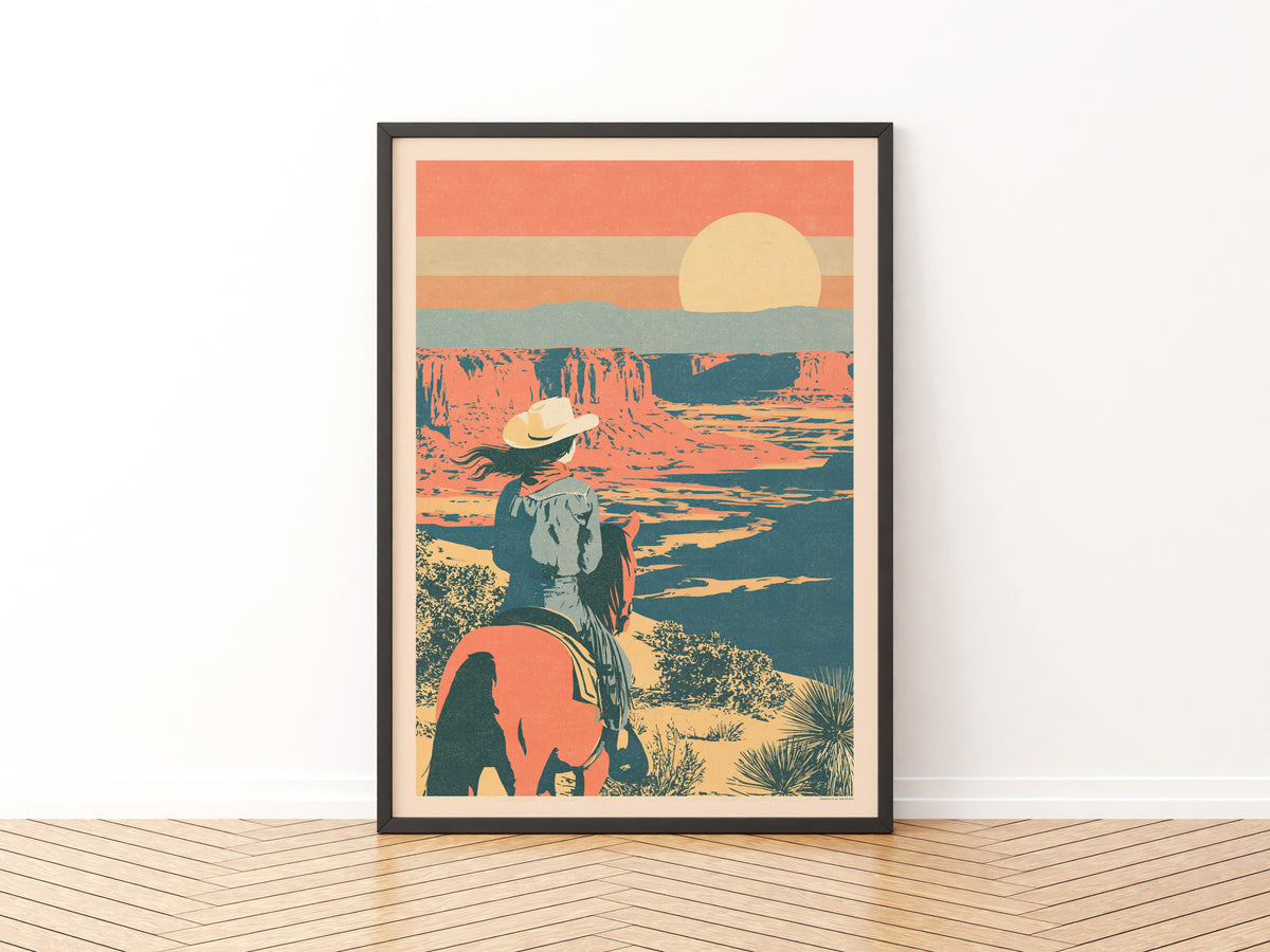 Retro Desert Canyon Sunset Print, Vintage Travel Poster, Cowgirl on Horseback, Southwest Wall Art