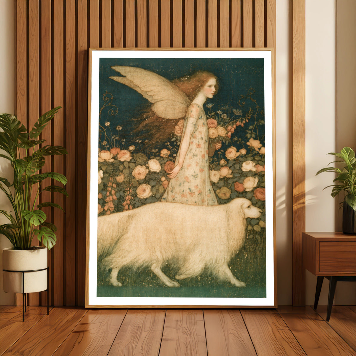 Arthur Rackham Fairy Girl Rose Garden Print, Classic Inspired Art, Vintage Fairy Dog Floral Poster