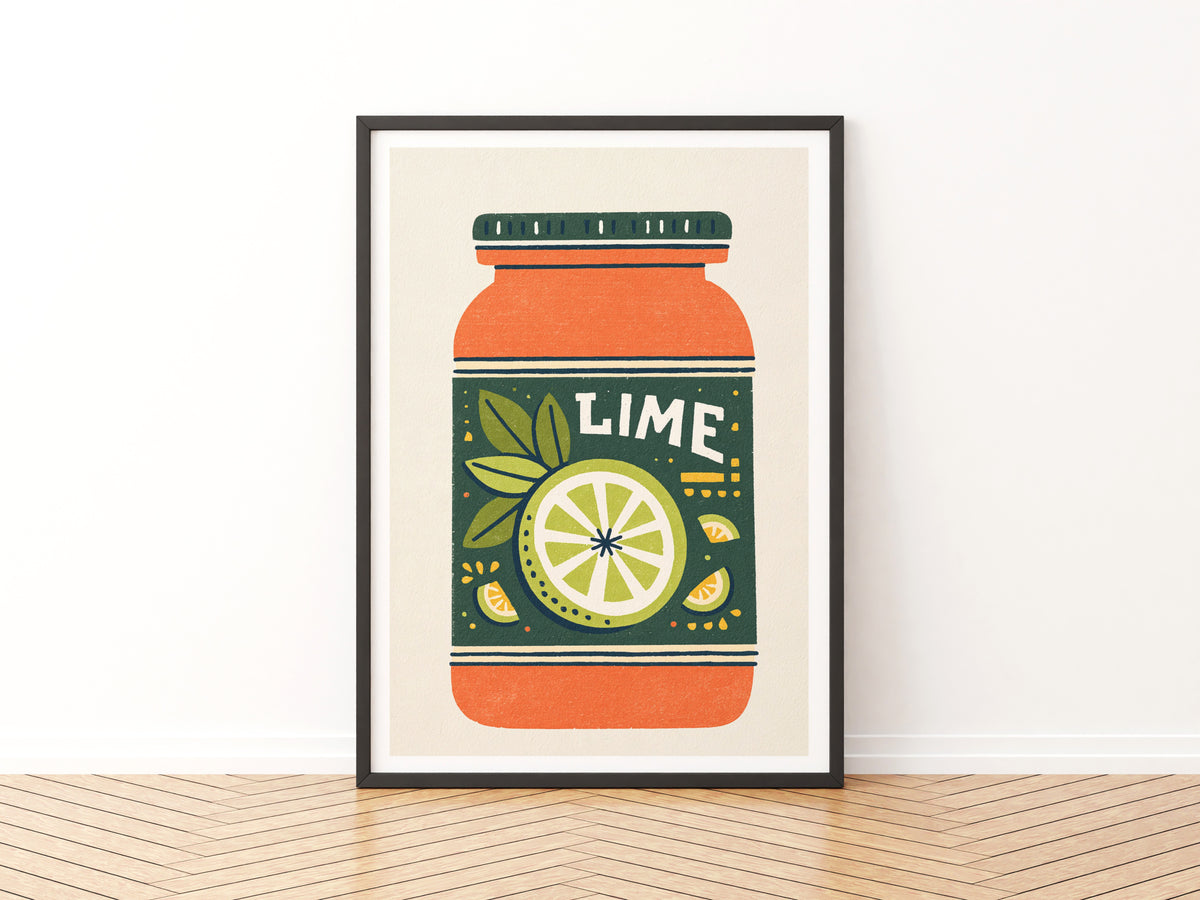 Vintage Food Poster Print | Rustic Kitchen Decor, Lime Jar Wall Art, Retro Citrus Illustration