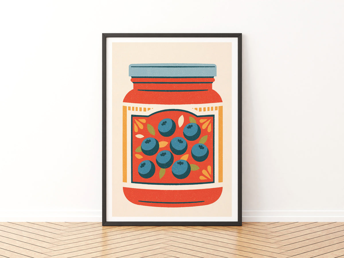 Vintage Food Poster Print | Rustic Kitchen Decor, Blueberry Jam Jar Art, Retro Fruit Illustration