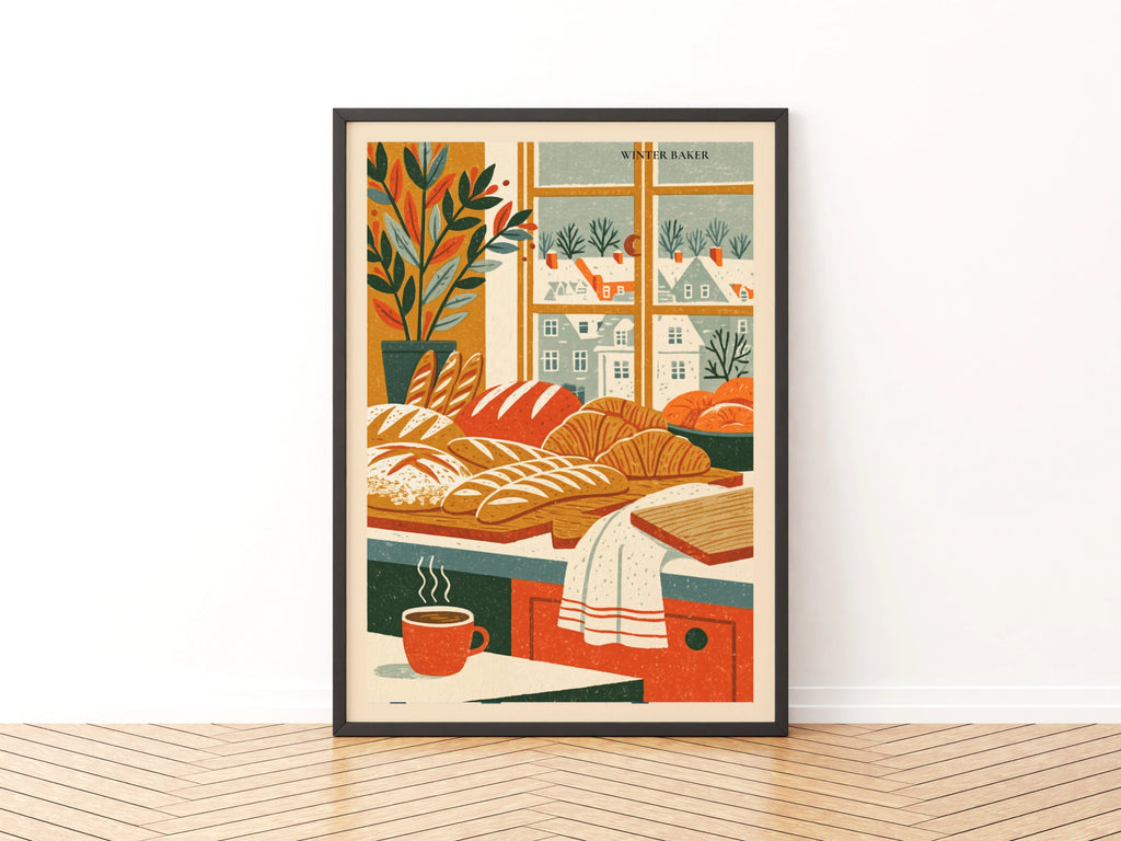 Vintage Food Poster Print, Winter Baker Bread Art, Rustic Kitchen Decor, Retro Mid Century Risograph