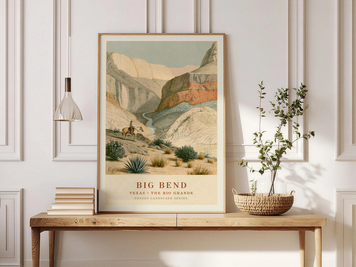 Big Bend Texas Print, Rio Grande Canyon Vintage Desert Landscape Poster, Western Wall Art Decor