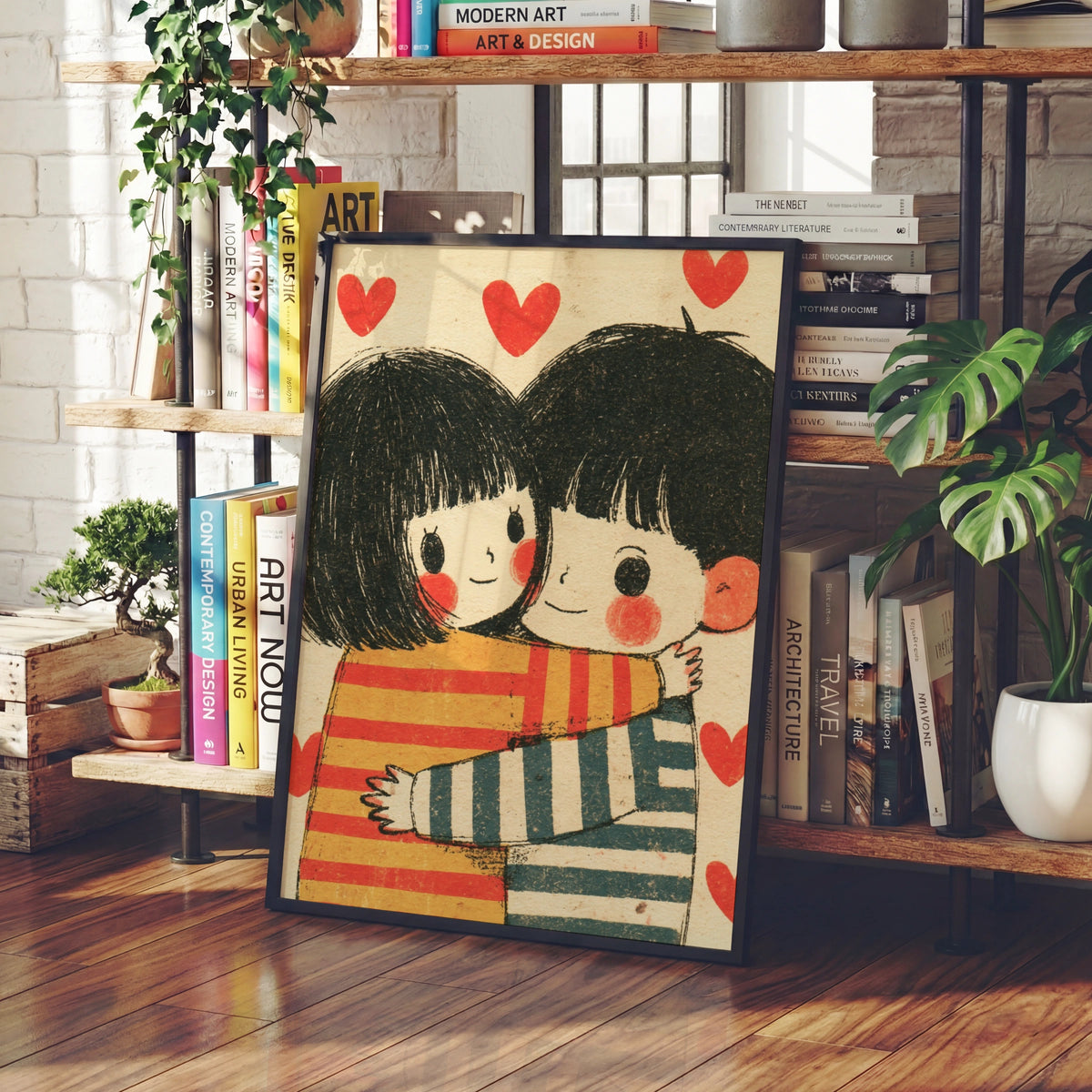 Retro Couple Hug Print, Cute Love Poster, Red Hearts Wall Art, Vintage Illustration Gift