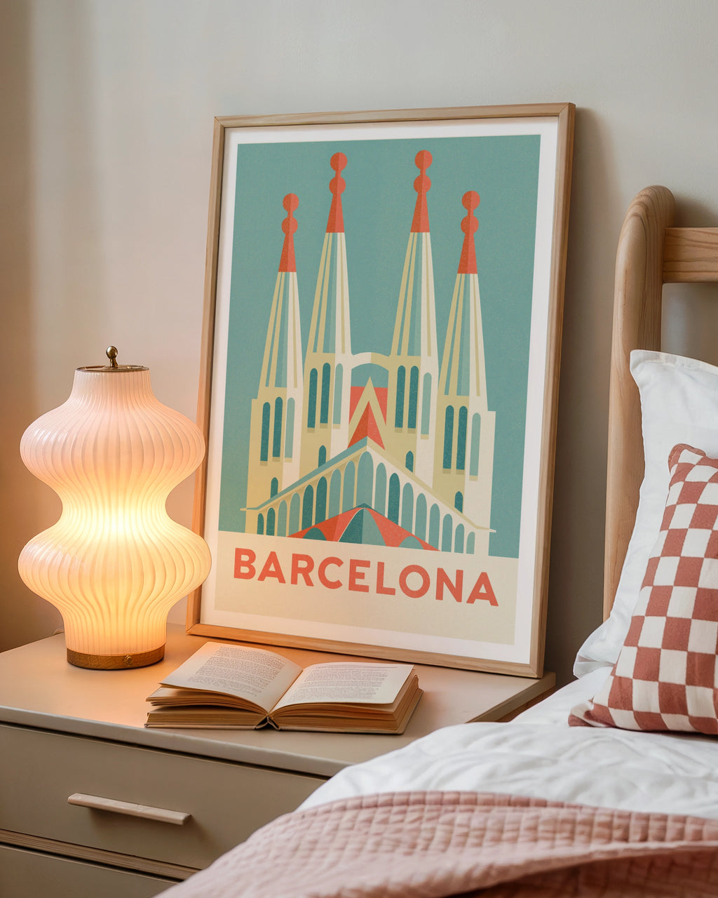 Barcelona Retro Travel Poster, Sagrada Familia Spain Wall Art Print, Teal