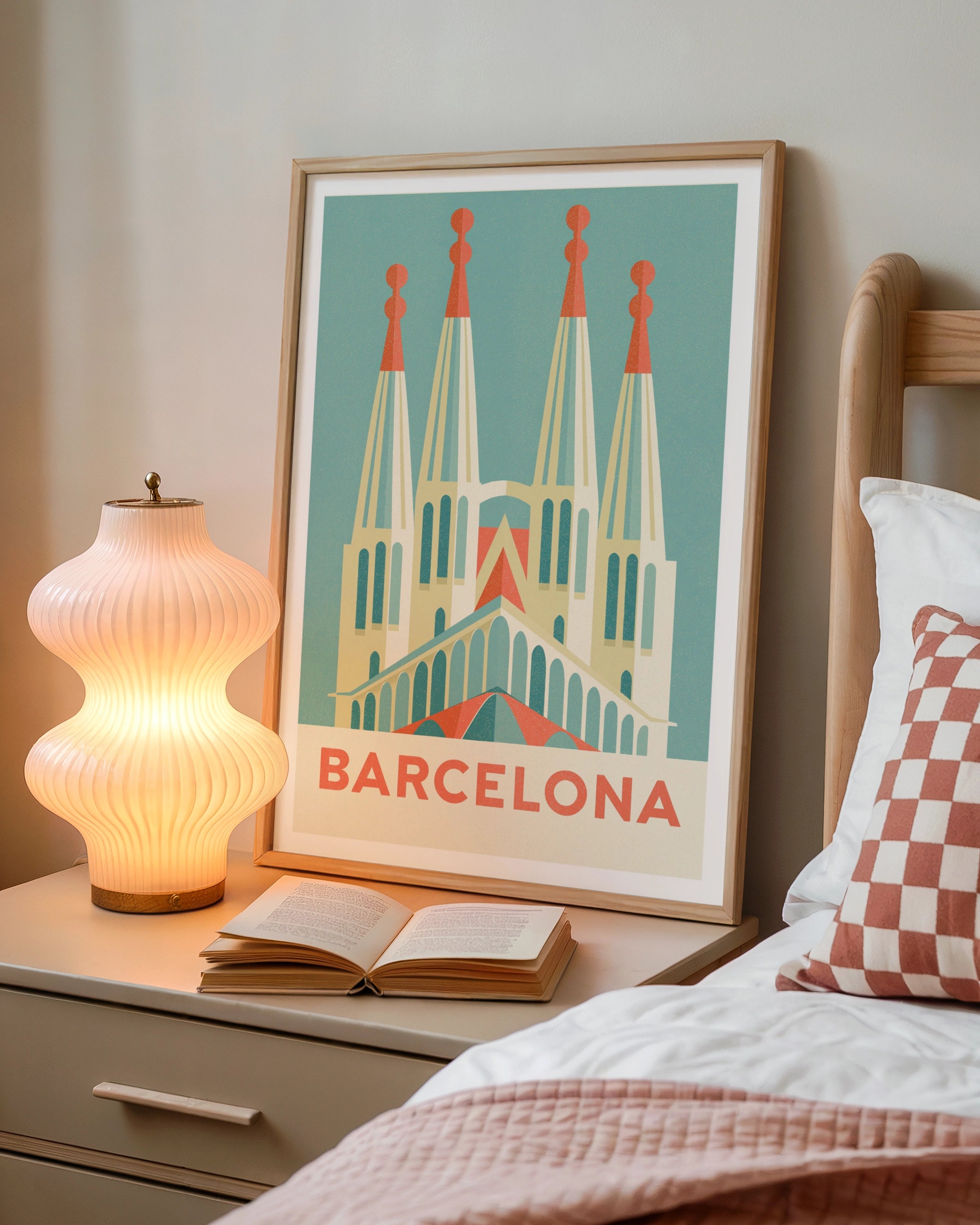 Barcelona Retro Travel Poster, Sagrada Familia Spain Wall Art Print, Teal
