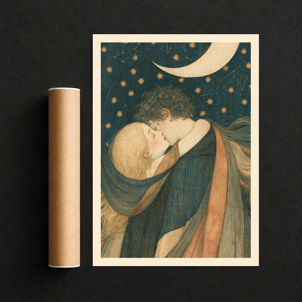 Celestial Lovers Art Print, Crescent Moon and Stars Wall Art, Vintage Romantic Embrace Poster