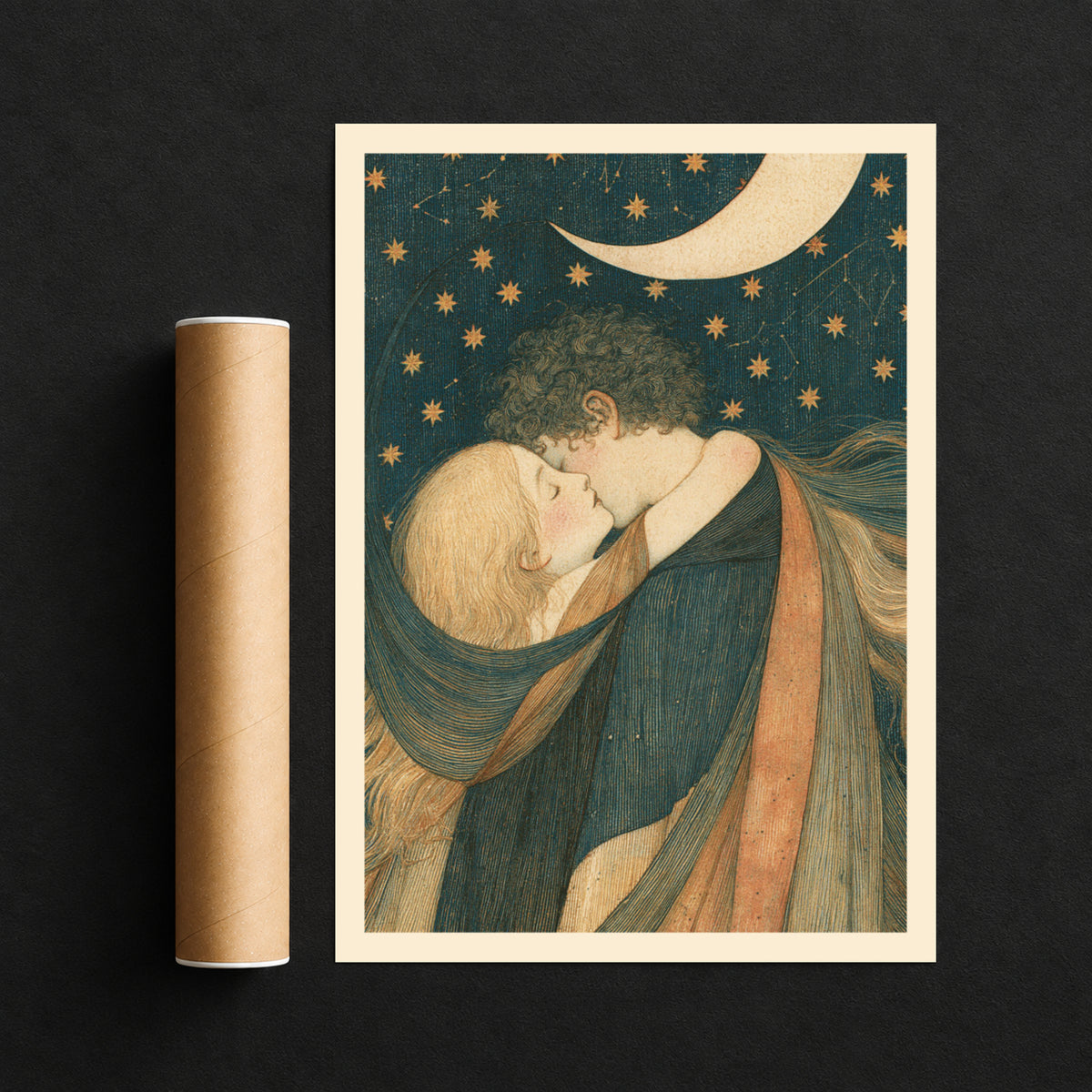 Celestial Lovers Art Print, Crescent Moon and Stars Wall Art, Vintage Romantic Embrace Poster