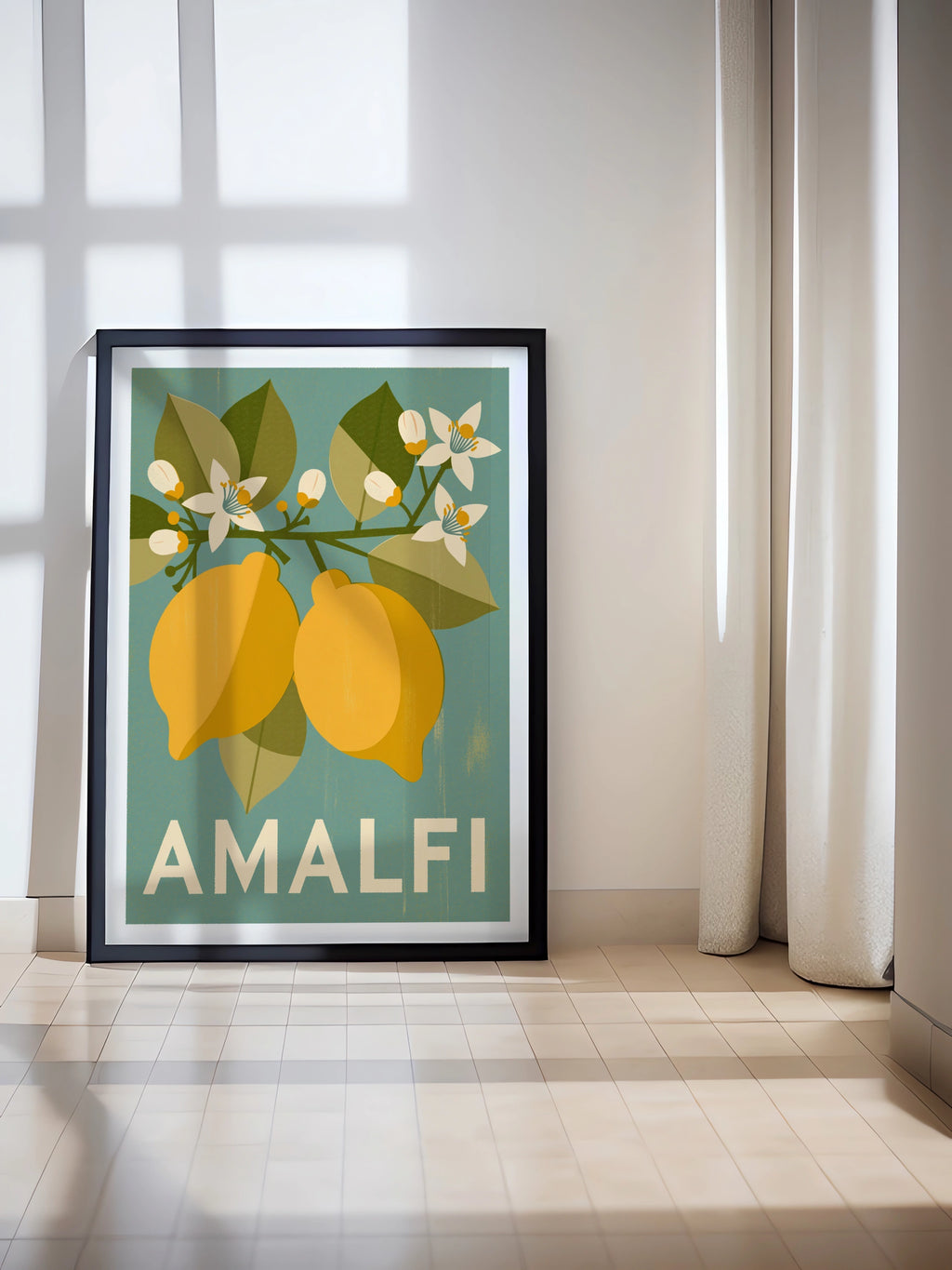 Amalfi Coast Retro Lemon Poster, Italian Travel Print, Teal Yellow Kitchen Wall Art