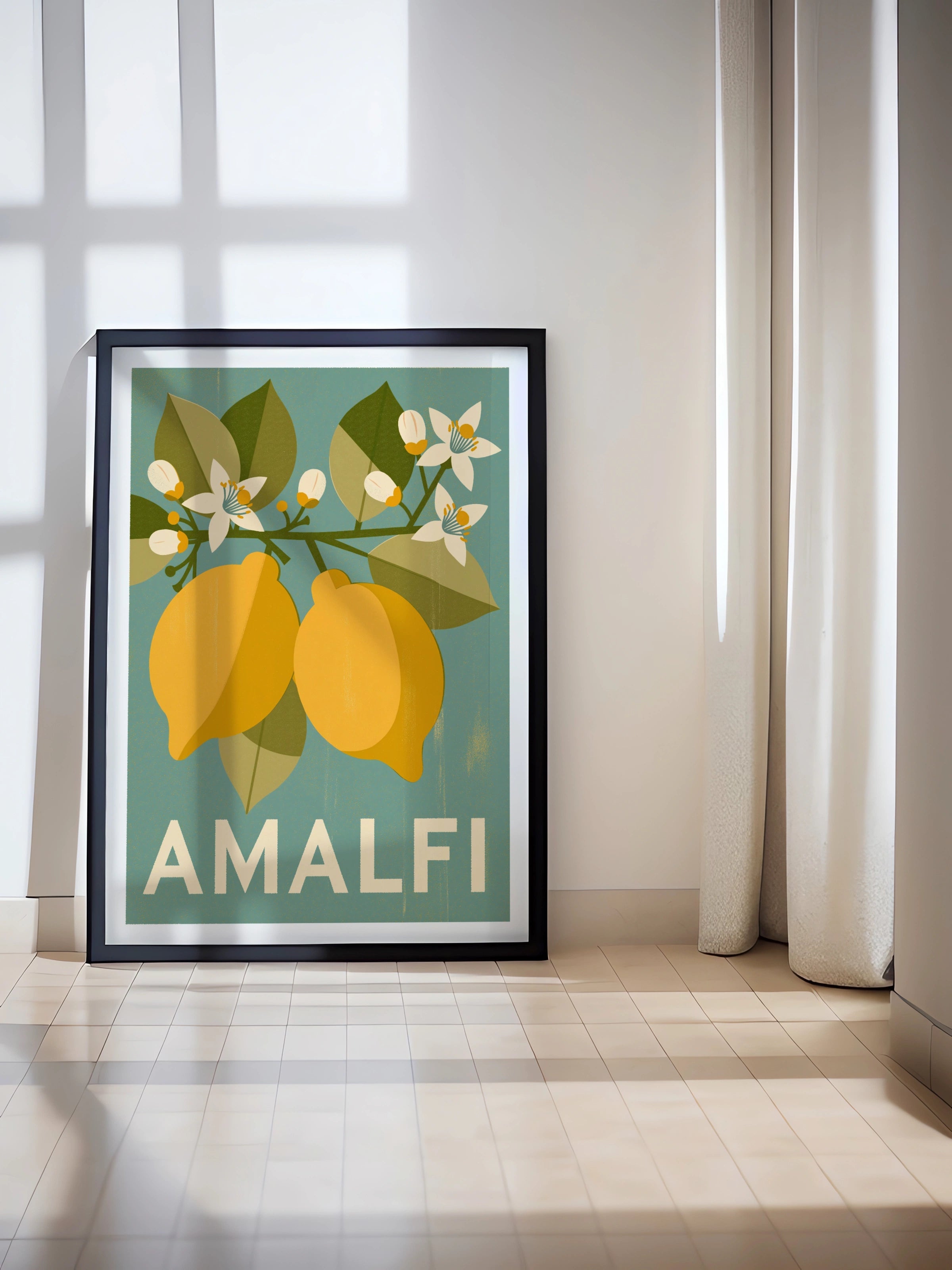 Amalfi Coast Retro Lemon Poster, Italian Travel Print, Teal Yellow Kitchen Wall Art