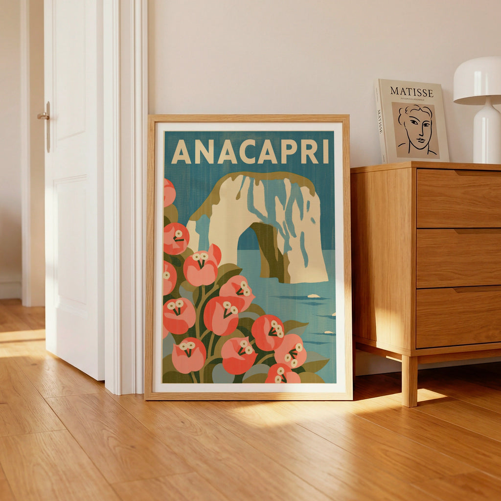 Anacapri Vintage Travel Poster, Capri Island Italy Wall Art, Retro Floral Print