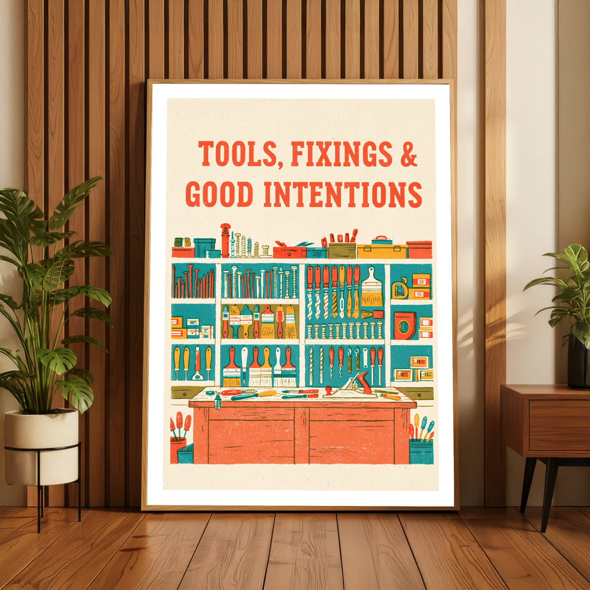Tools Fixings Good Intentions Retro Workshop Poster, DIY Wall Art, Shed Print