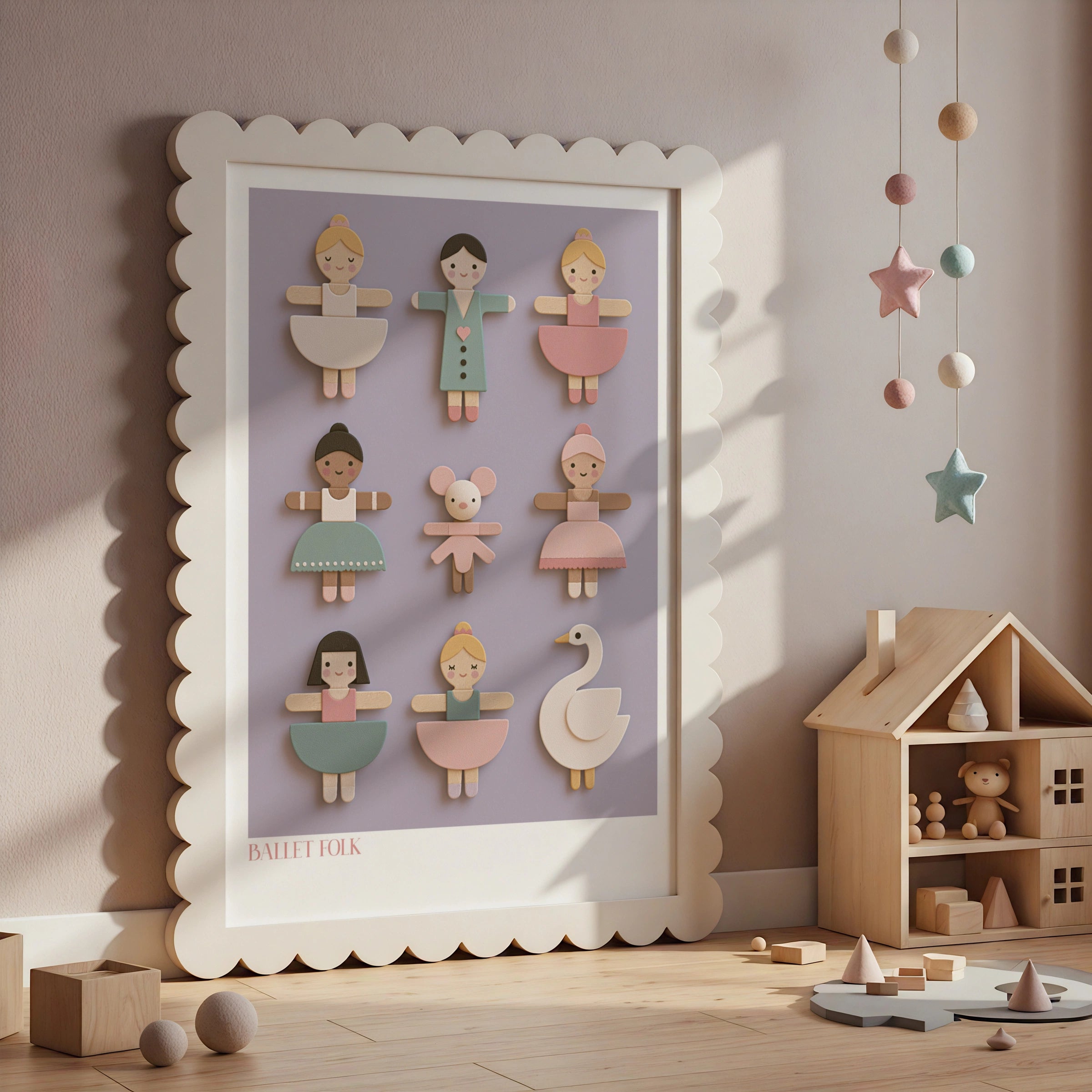 Ballet Folk Retro Nursery Poster, Wooden Toy Ballerina Wall Art, Children's Collectable Print