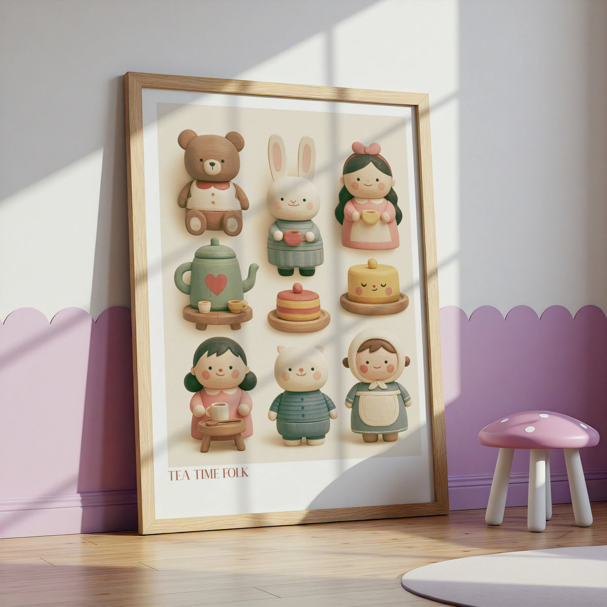 Tea Time Folk Retro Nursery Poster, Cute Wooden Toy Characters Children's Print, Kids Wall Art