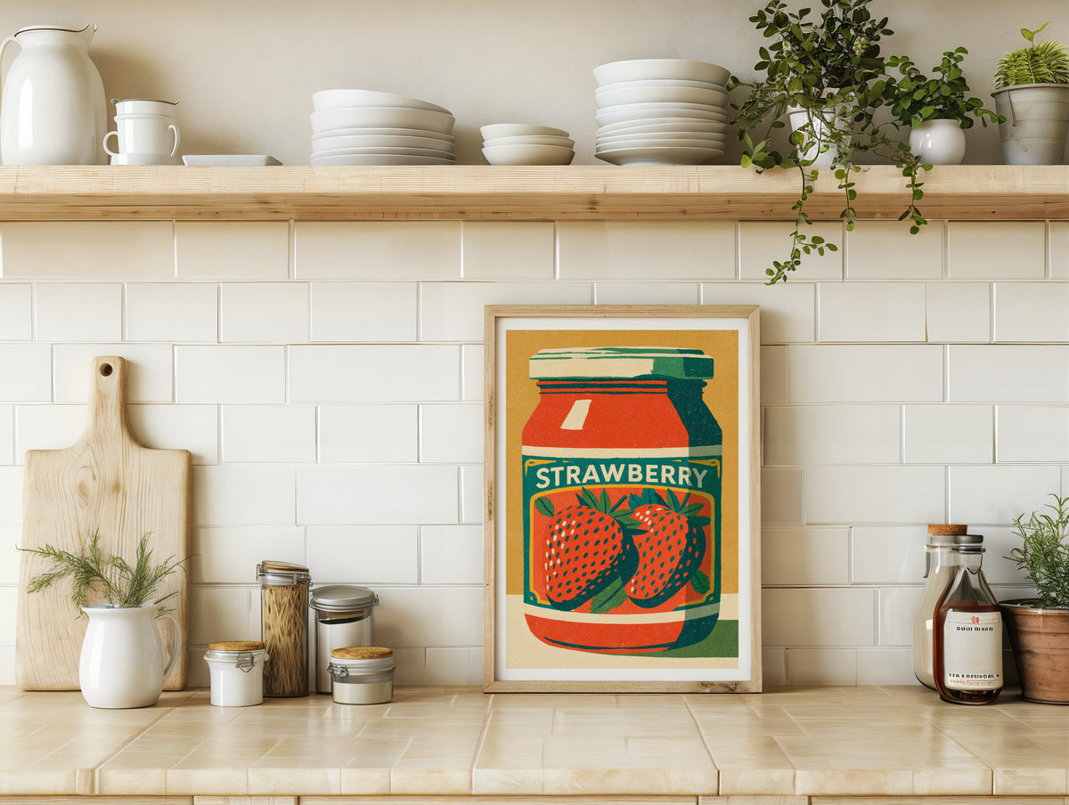 Vintage Food Poster Print, Strawberry Jam Jar, Rustic Kitchen Decor, Retro Mid Century Risograph