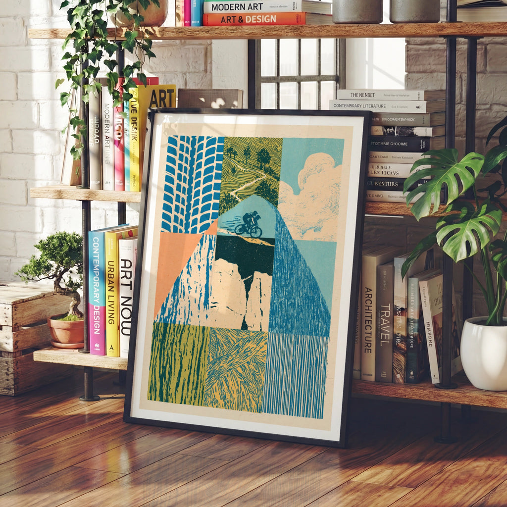 Mountain Bike Retro Print, MTB Trail Poster, Vintage Cycling Wall Art, Linocut Style Gift