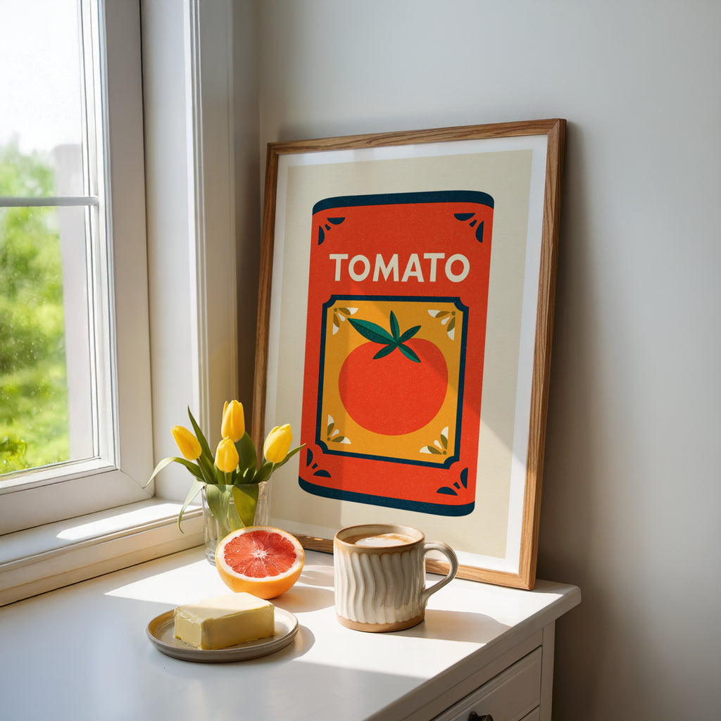 Vintage Food Poster Print, Tomato Can, Rustic Kitchen Decor, Retro Mid Century Risograph Wall Art