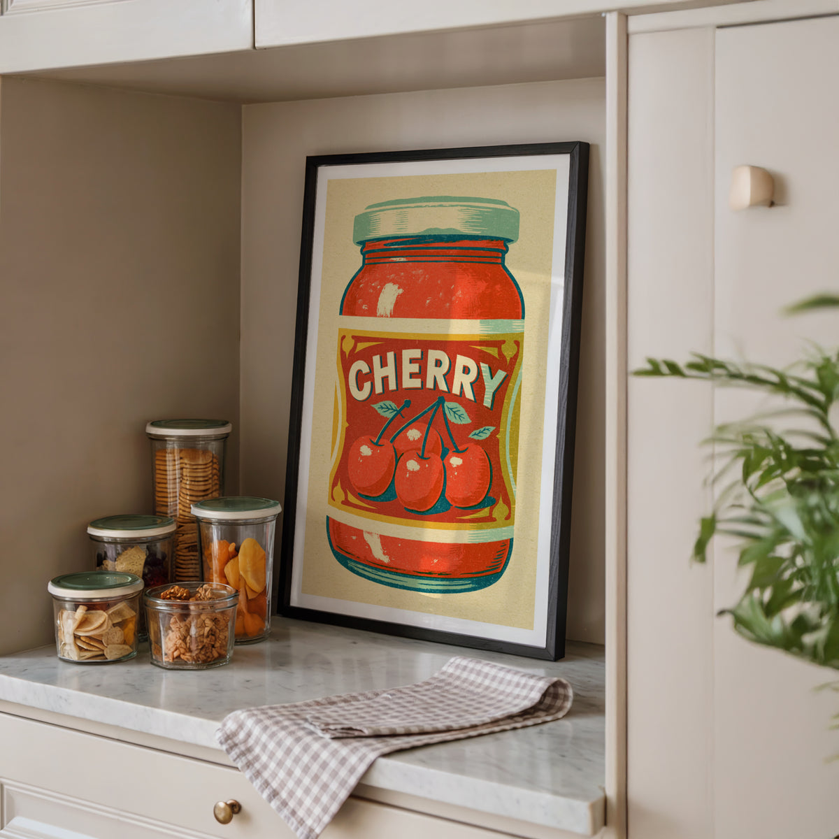 Vintage Food Poster Print | Rustic Kitchen Decor, Cherry Jam Jar Wall Art, Retro Fruit Preserve
