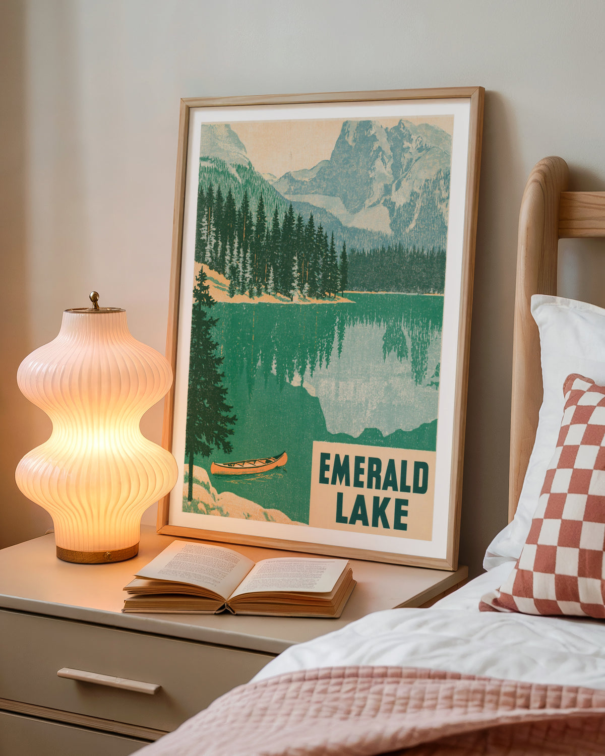Emerald Lake Retro Vintage Travel Poster, Canada Mountain Lake Print, Canoe Pine Forest Wall Art