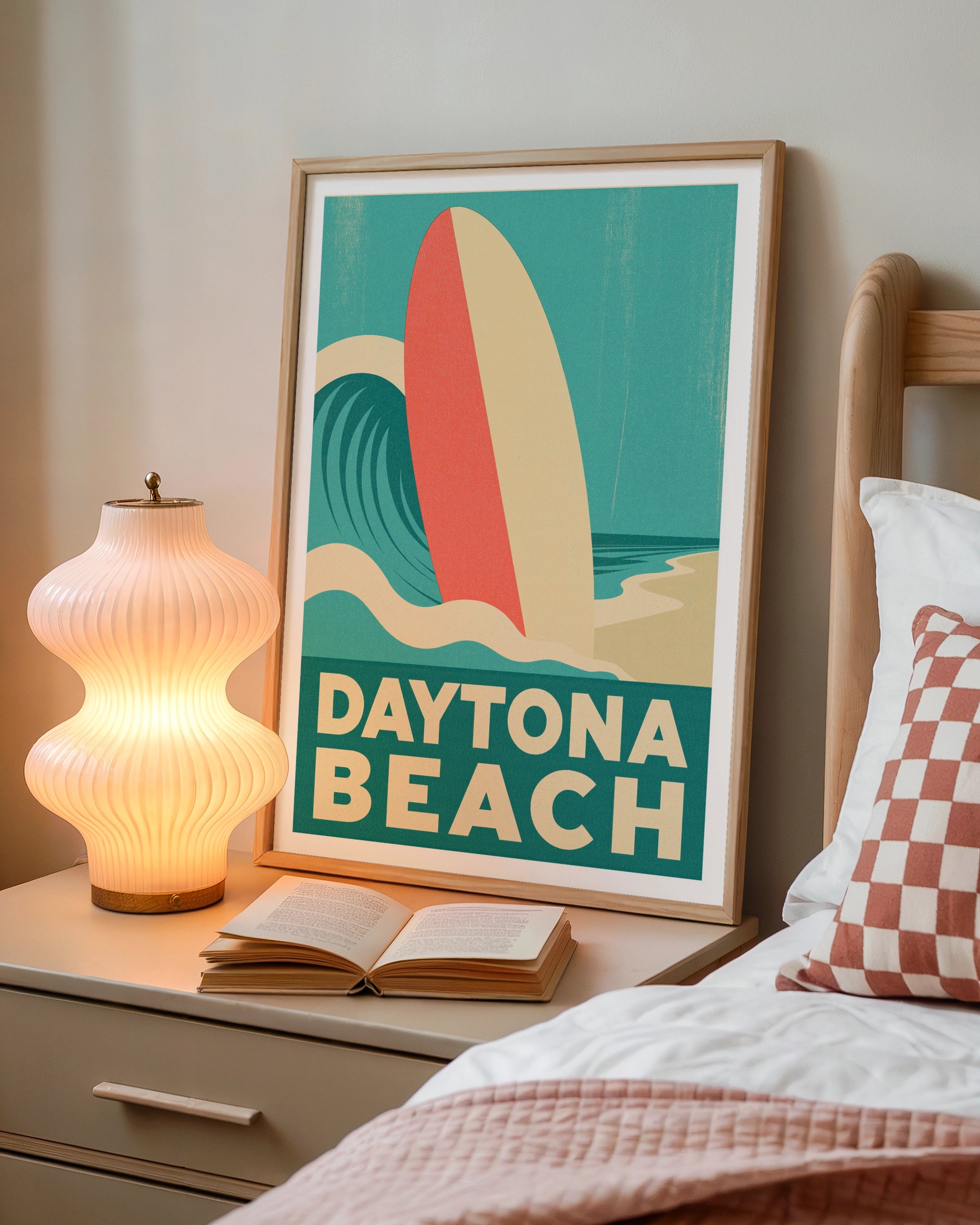 Daytona Beach Retro Surf Poster, Vintage Travel Print, Surfboard Wall Art Florida