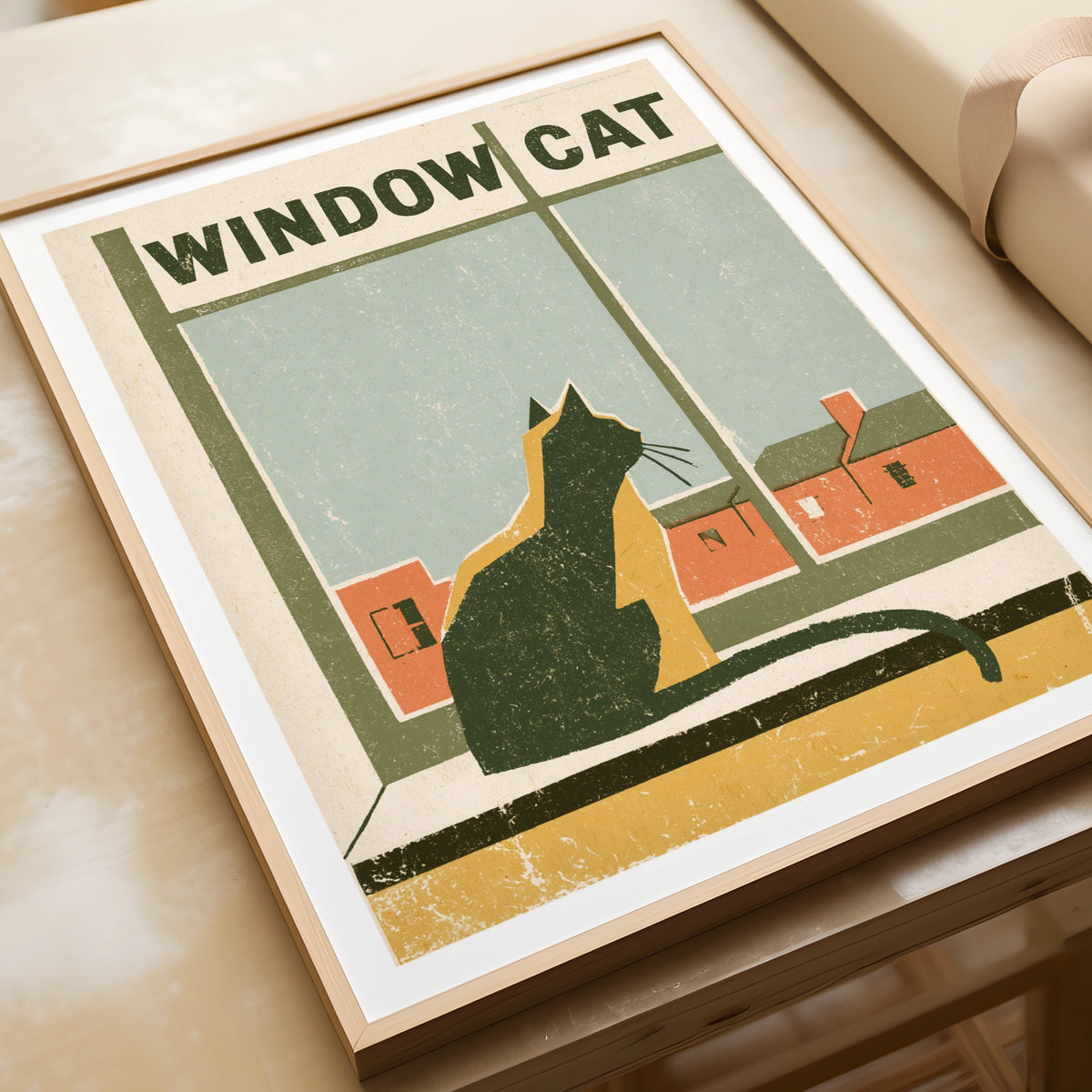Window Cat Retro Print, Vintage Cat Wall Art, Folk Style Cat Lover Gift, Quirky