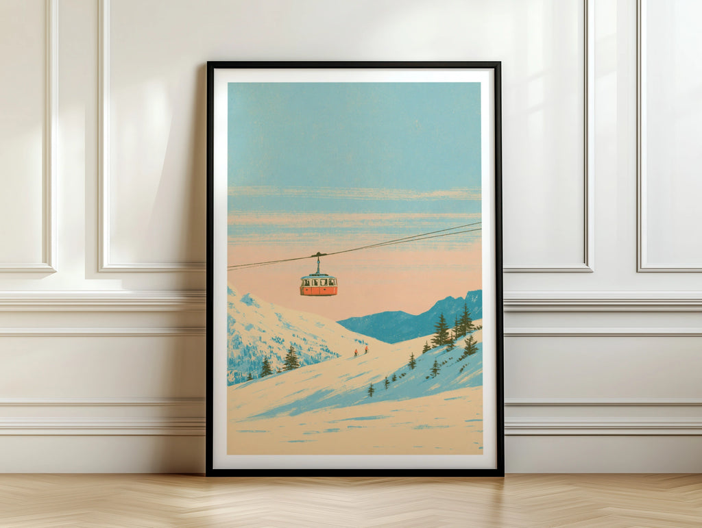 Retro Ski Cable Car Poster, Alpine Snow Mountain Print, Vintage Skiing Wall Art