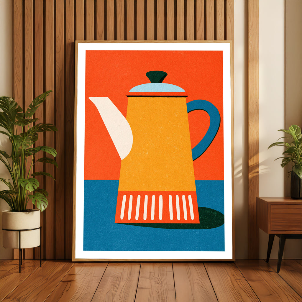 Vintage Food Poster Print, Retro Mid Century Risograph Coffee Pot, Rustic Kitchen Decor Art