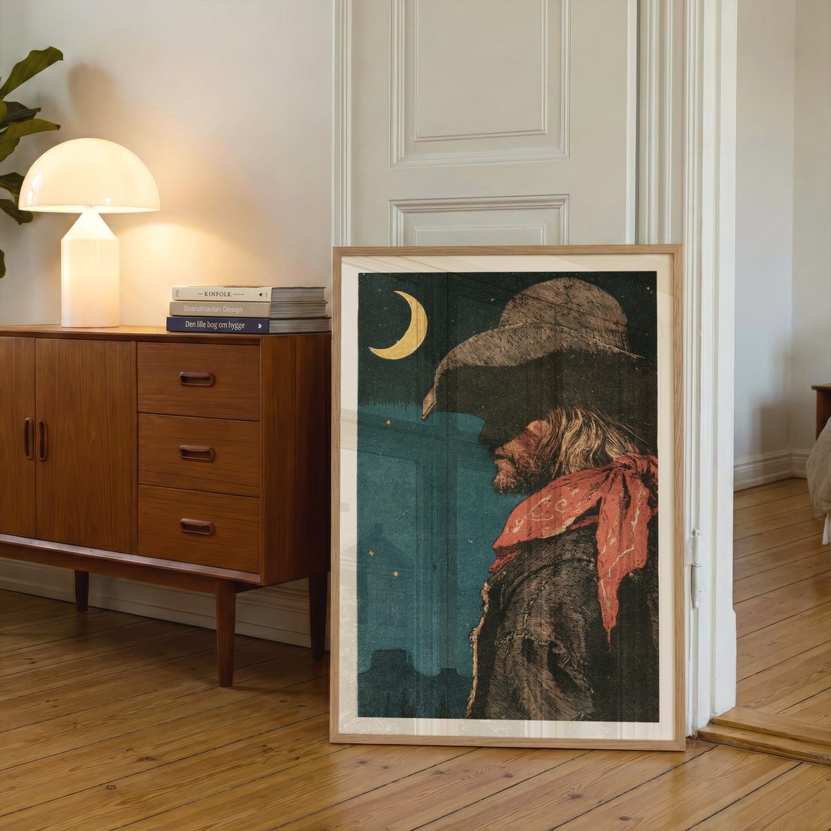Western Cowboy Print, Vintage Woodcut Style Wall Art, Crescent Moon Desert Night, Red Bandana Poster